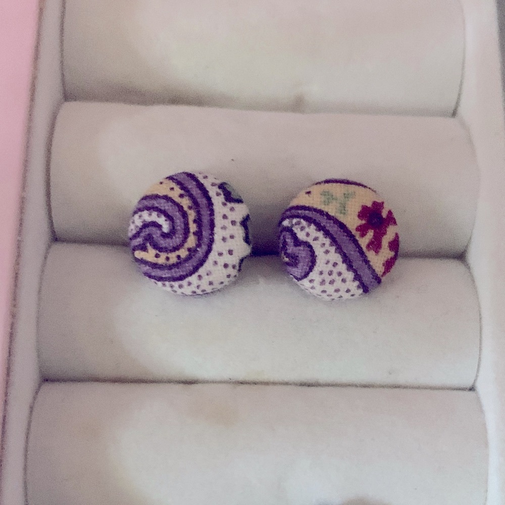 Purple and Cream Fabric Button Earrings